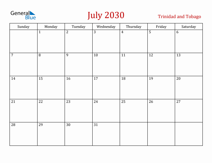 Trinidad and Tobago July 2030 Calendar - Sunday Start
