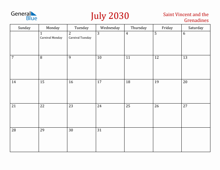 Saint Vincent and the Grenadines July 2030 Calendar - Sunday Start