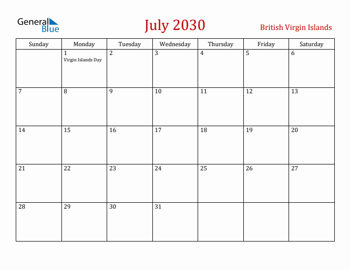 British Virgin Islands July 2030 Calendar - Sunday Start