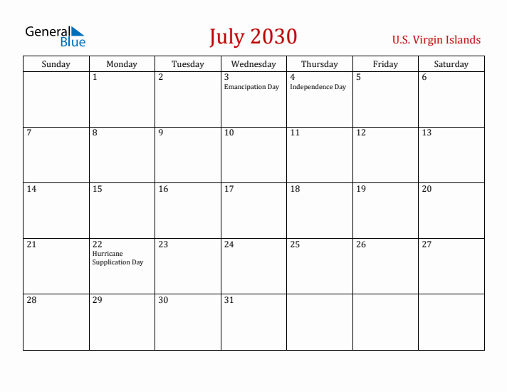 U.S. Virgin Islands July 2030 Calendar - Sunday Start