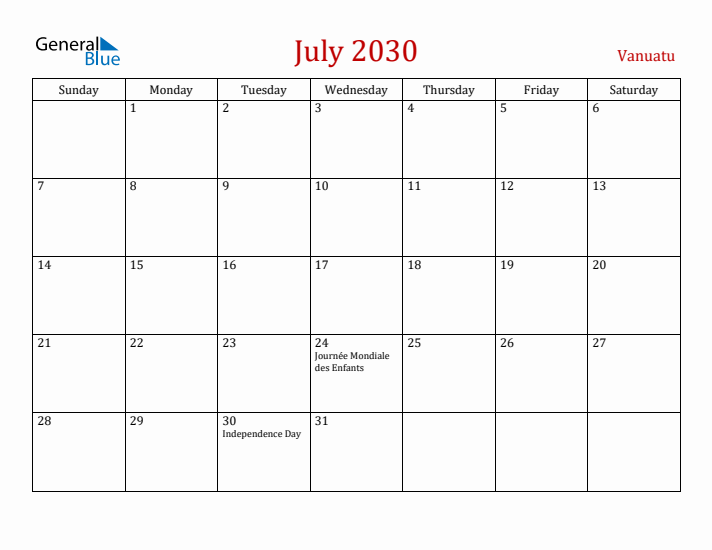Vanuatu July 2030 Calendar - Sunday Start