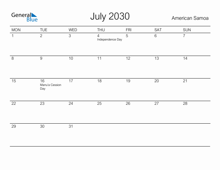 Printable July 2030 Calendar for American Samoa