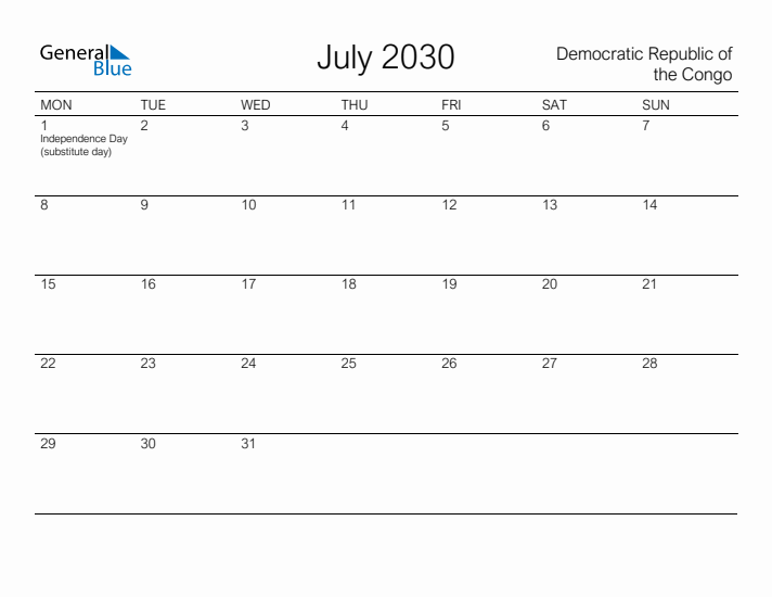 Printable July 2030 Calendar for Democratic Republic of the Congo