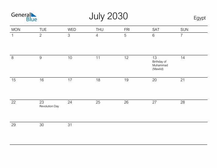 Printable July 2030 Calendar for Egypt