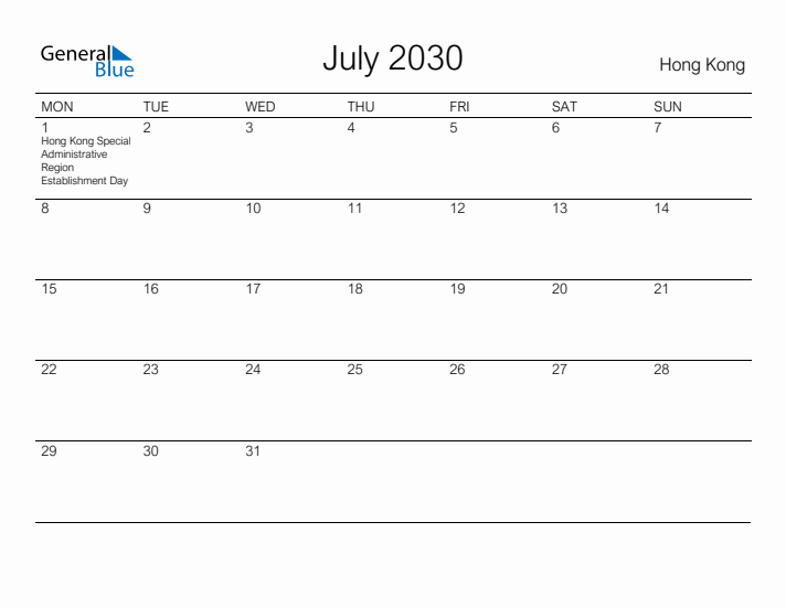 Printable July 2030 Calendar for Hong Kong