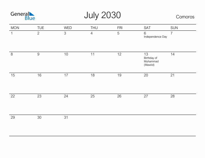 Printable July 2030 Calendar for Comoros