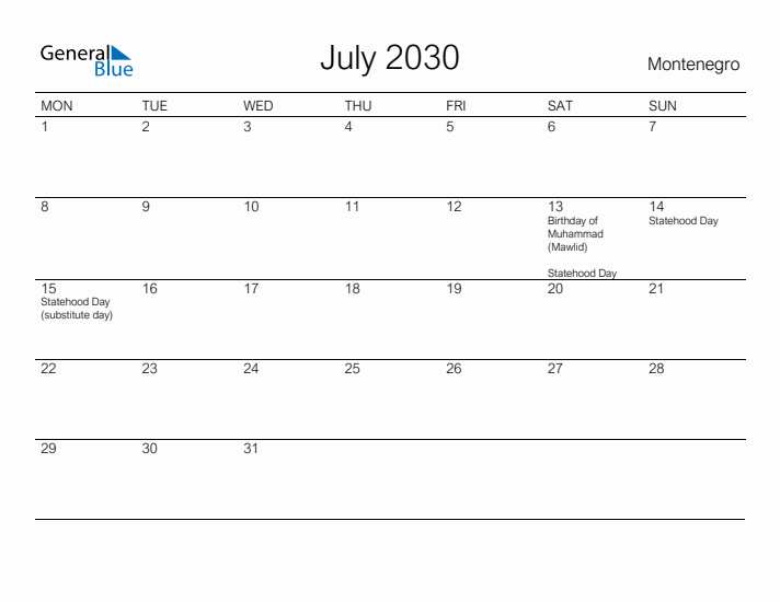 Printable July 2030 Calendar for Montenegro