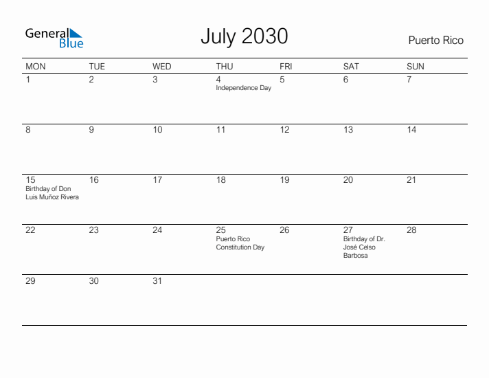 Printable July 2030 Calendar for Puerto Rico