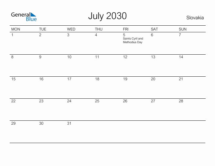 Printable July 2030 Calendar for Slovakia
