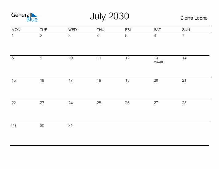 Printable July 2030 Calendar for Sierra Leone