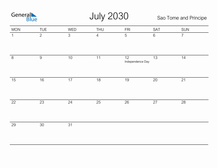 Printable July 2030 Calendar for Sao Tome and Principe
