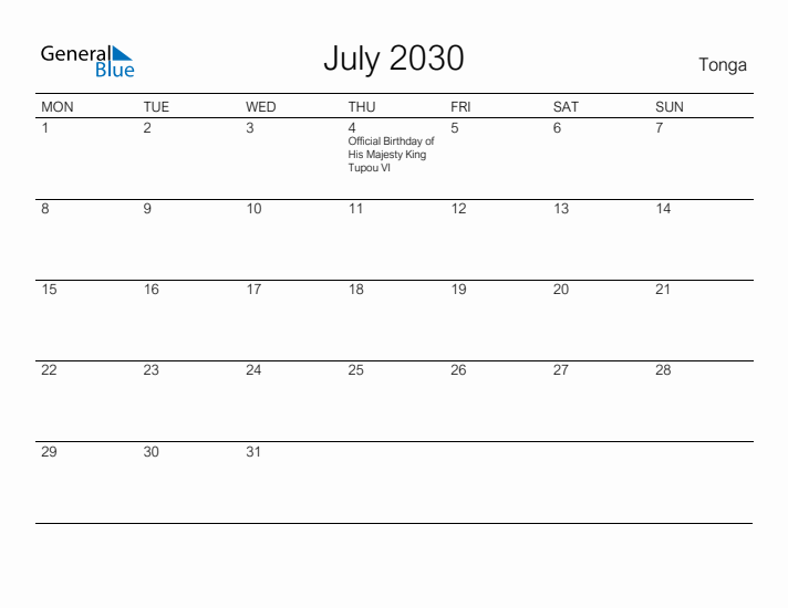 Printable July 2030 Calendar for Tonga