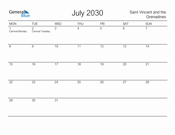 Printable July 2030 Calendar for Saint Vincent and the Grenadines
