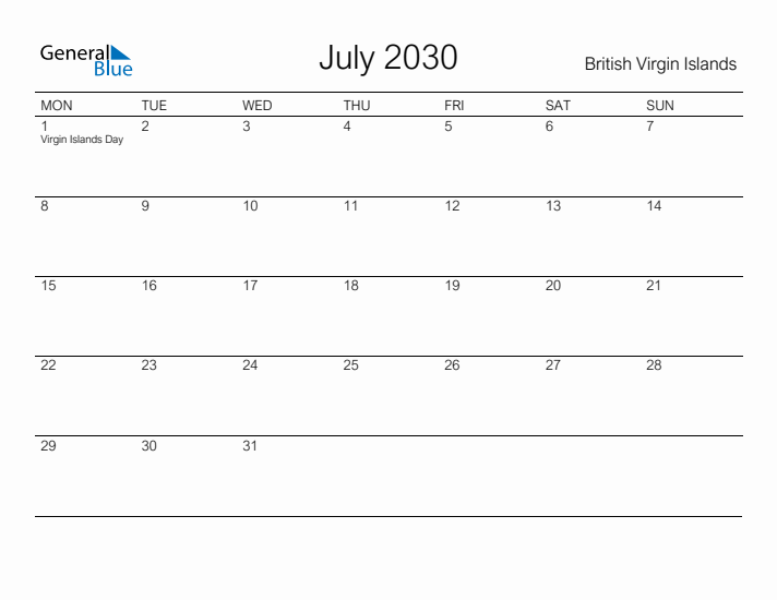 Printable July 2030 Calendar for British Virgin Islands