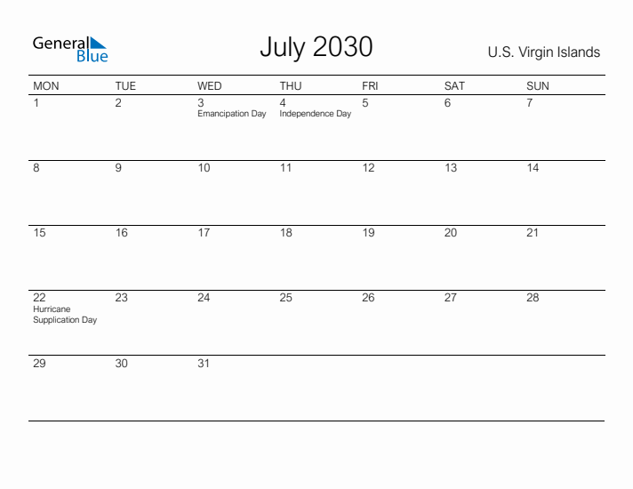 Printable July 2030 Calendar for U.S. Virgin Islands