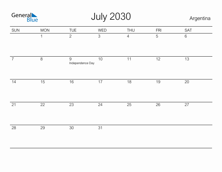 Printable July 2030 Calendar for Argentina