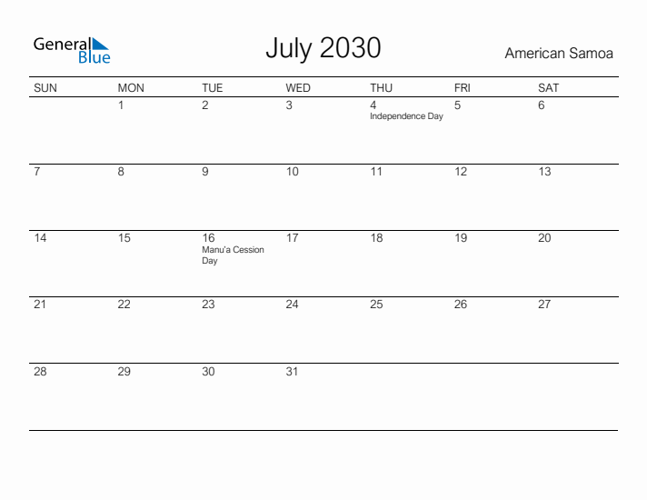 Printable July 2030 Calendar for American Samoa