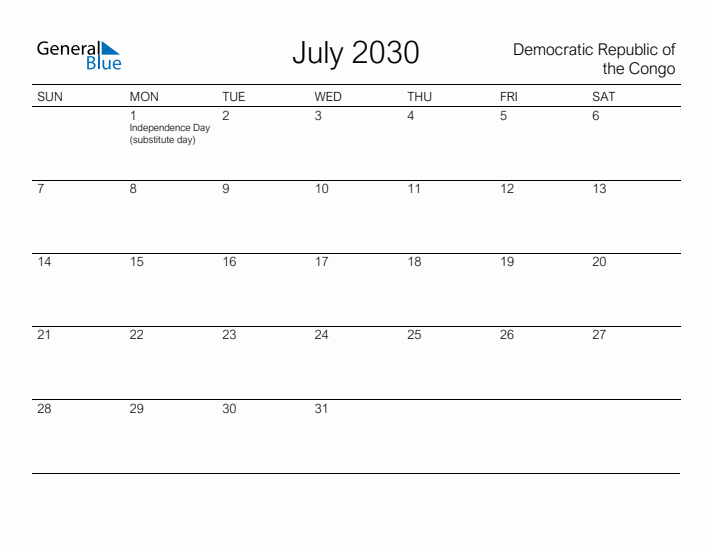 Printable July 2030 Calendar for Democratic Republic of the Congo