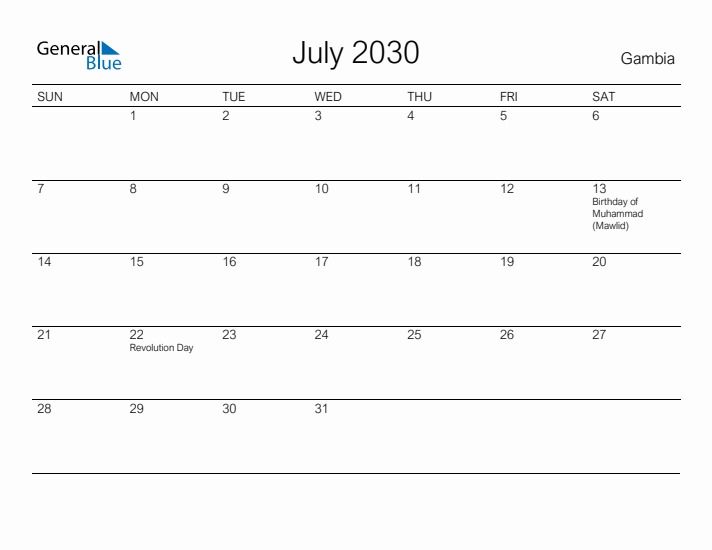 Printable July 2030 Calendar for Gambia