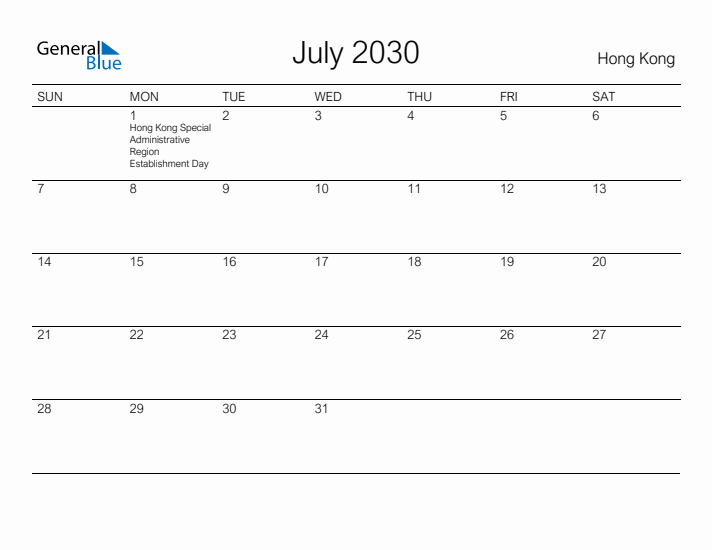 Printable July 2030 Calendar for Hong Kong