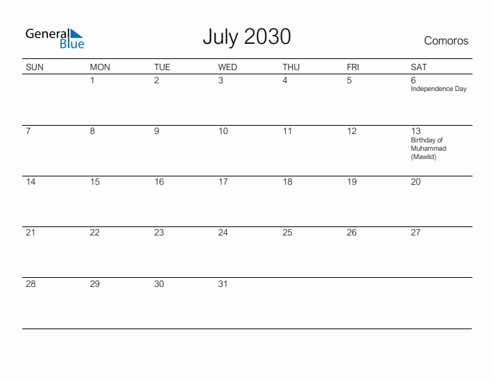 Printable July 2030 Calendar for Comoros