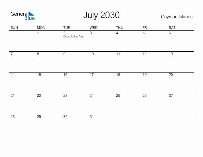 Printable July 2030 Calendar for Cayman Islands