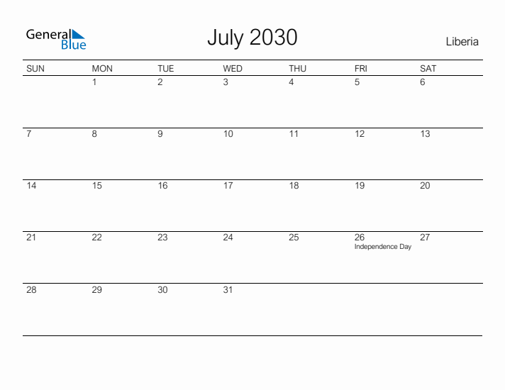Printable July 2030 Calendar for Liberia