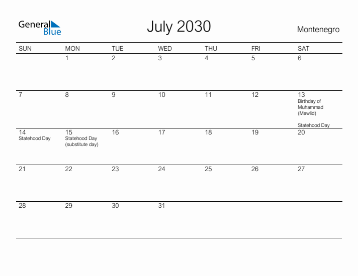 Printable July 2030 Calendar for Montenegro