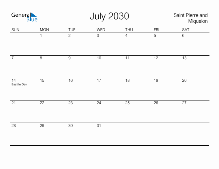 Printable July 2030 Calendar for Saint Pierre and Miquelon