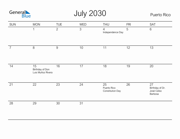 Printable July 2030 Calendar for Puerto Rico