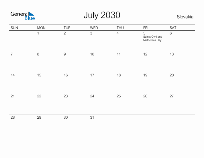 Printable July 2030 Calendar for Slovakia