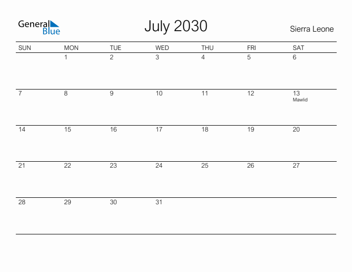 Printable July 2030 Calendar for Sierra Leone