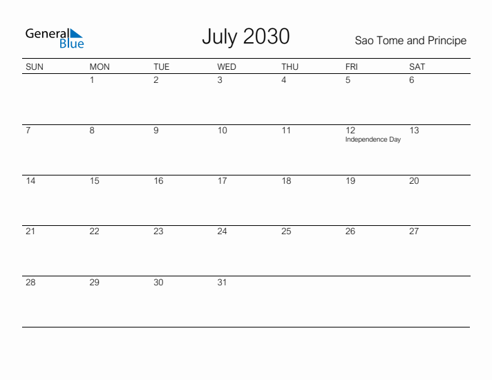Printable July 2030 Calendar for Sao Tome and Principe