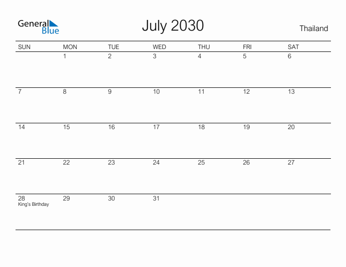 Printable July 2030 Calendar for Thailand