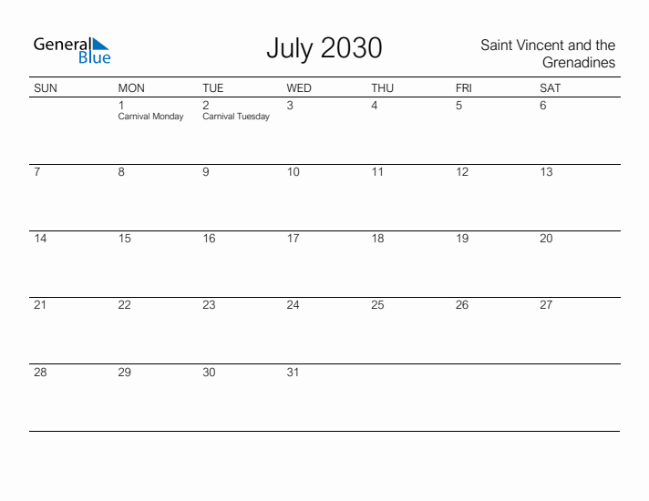 Printable July 2030 Calendar for Saint Vincent and the Grenadines