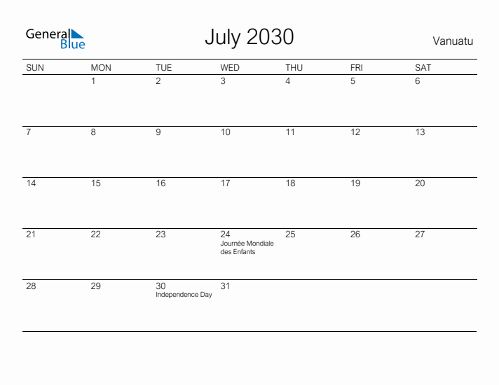 Printable July 2030 Calendar for Vanuatu
