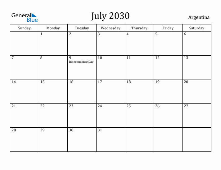 July 2030 Calendar Argentina