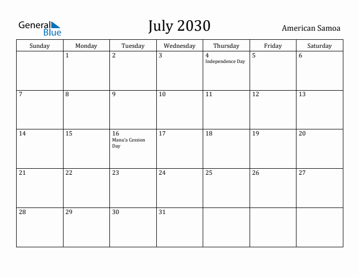 July 2030 Calendar American Samoa