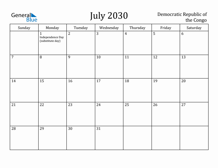 July 2030 Calendar Democratic Republic of the Congo