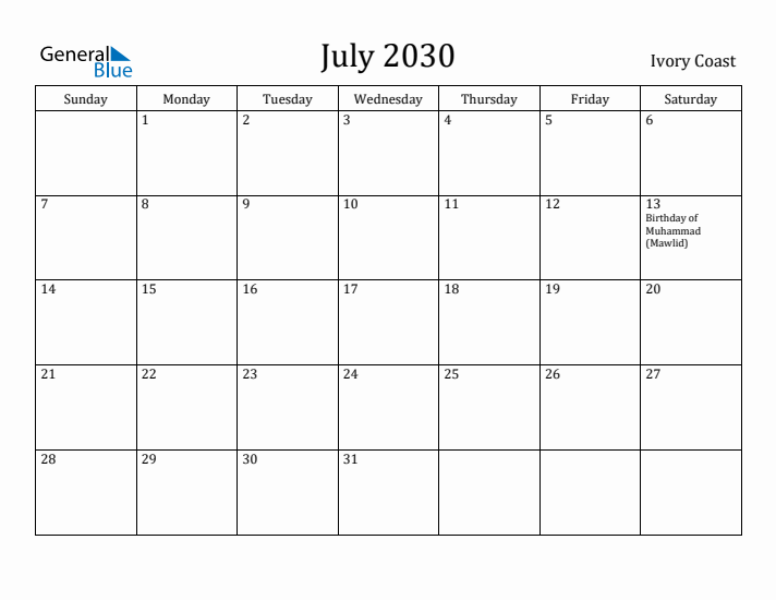 July 2030 Calendar Ivory Coast