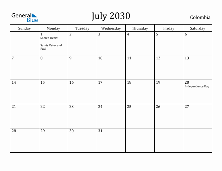 July 2030 Calendar Colombia
