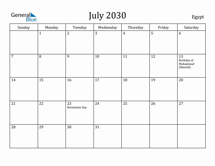 July 2030 Calendar Egypt