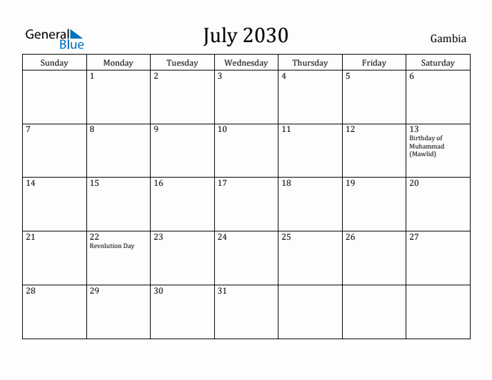 July 2030 Calendar Gambia