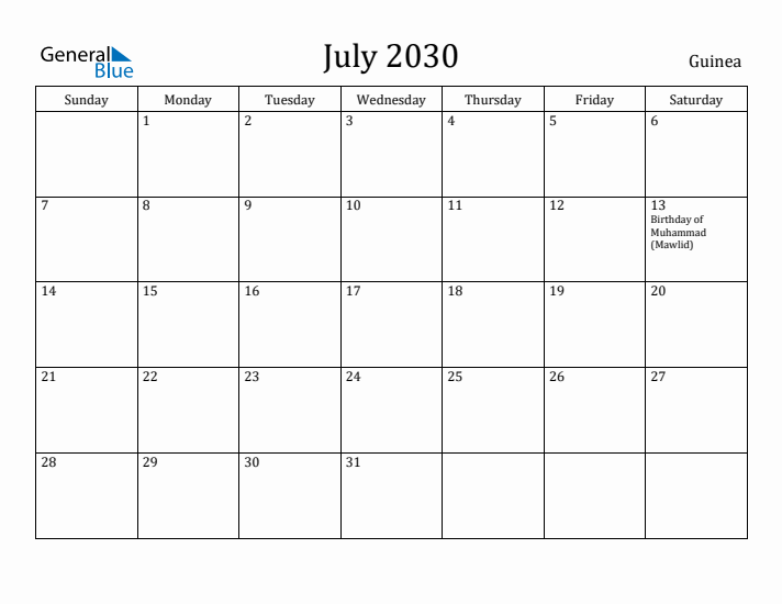 July 2030 Calendar Guinea