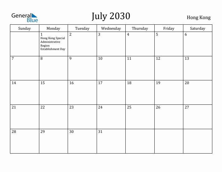 July 2030 Calendar Hong Kong