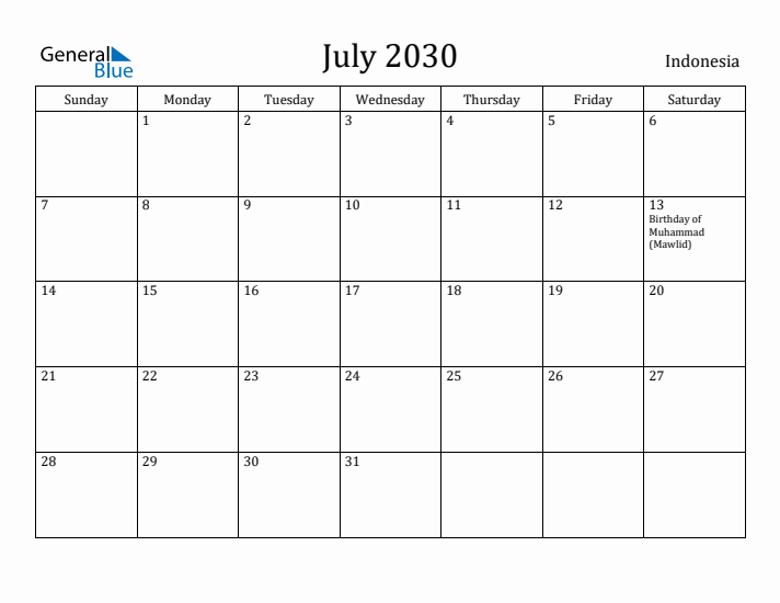 July 2030 Calendar Indonesia