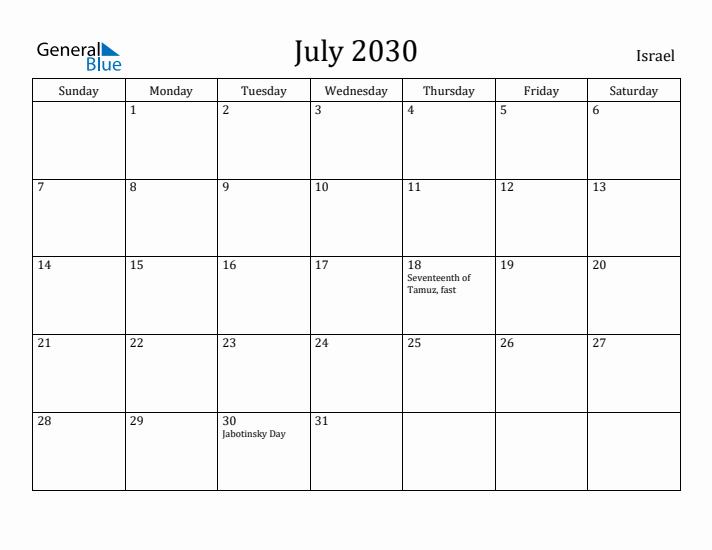 July 2030 Calendar Israel