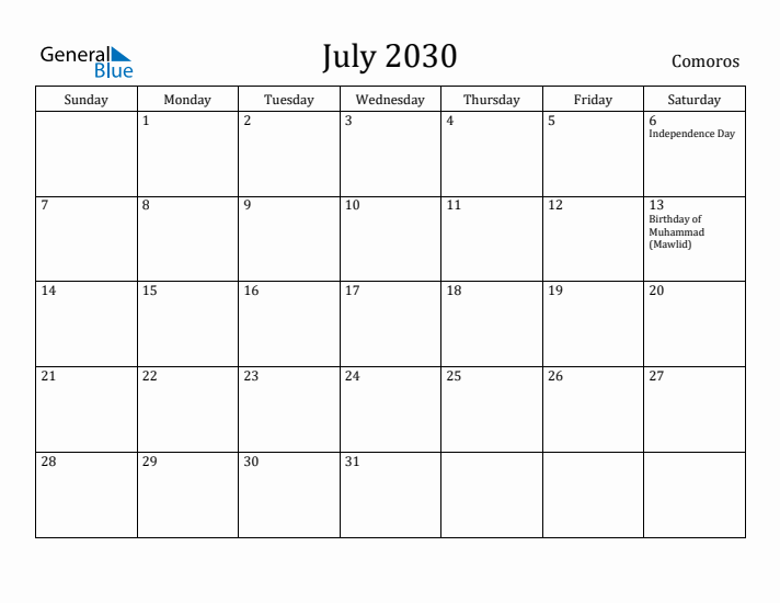 July 2030 Calendar Comoros