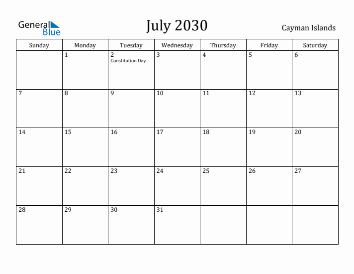 July 2030 Calendar Cayman Islands