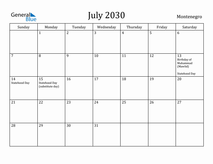 July 2030 Calendar Montenegro